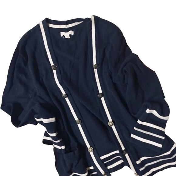 UO Silence Noise Navy Blue White Stripe School Girl Open Cardigan Sweater L - Picture 4 of 7